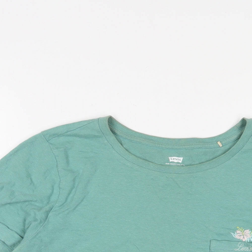 Levi's Womens Green Cotton Cropped T-Shirt Size M Crew Neck - Logo, Embroidered