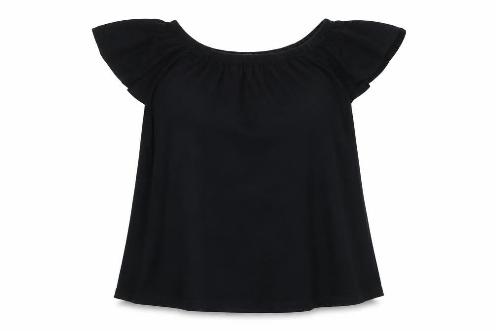 Front view of ASOS women’s black cotton basic blouse, size UK 12, off the shoulder