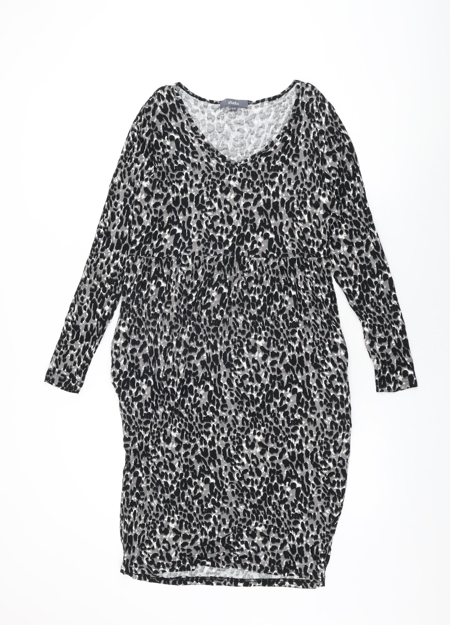 Studio Womens Grey Animal Print Viscose Shift Size 12 V-Neck Pullover - Size 12-14