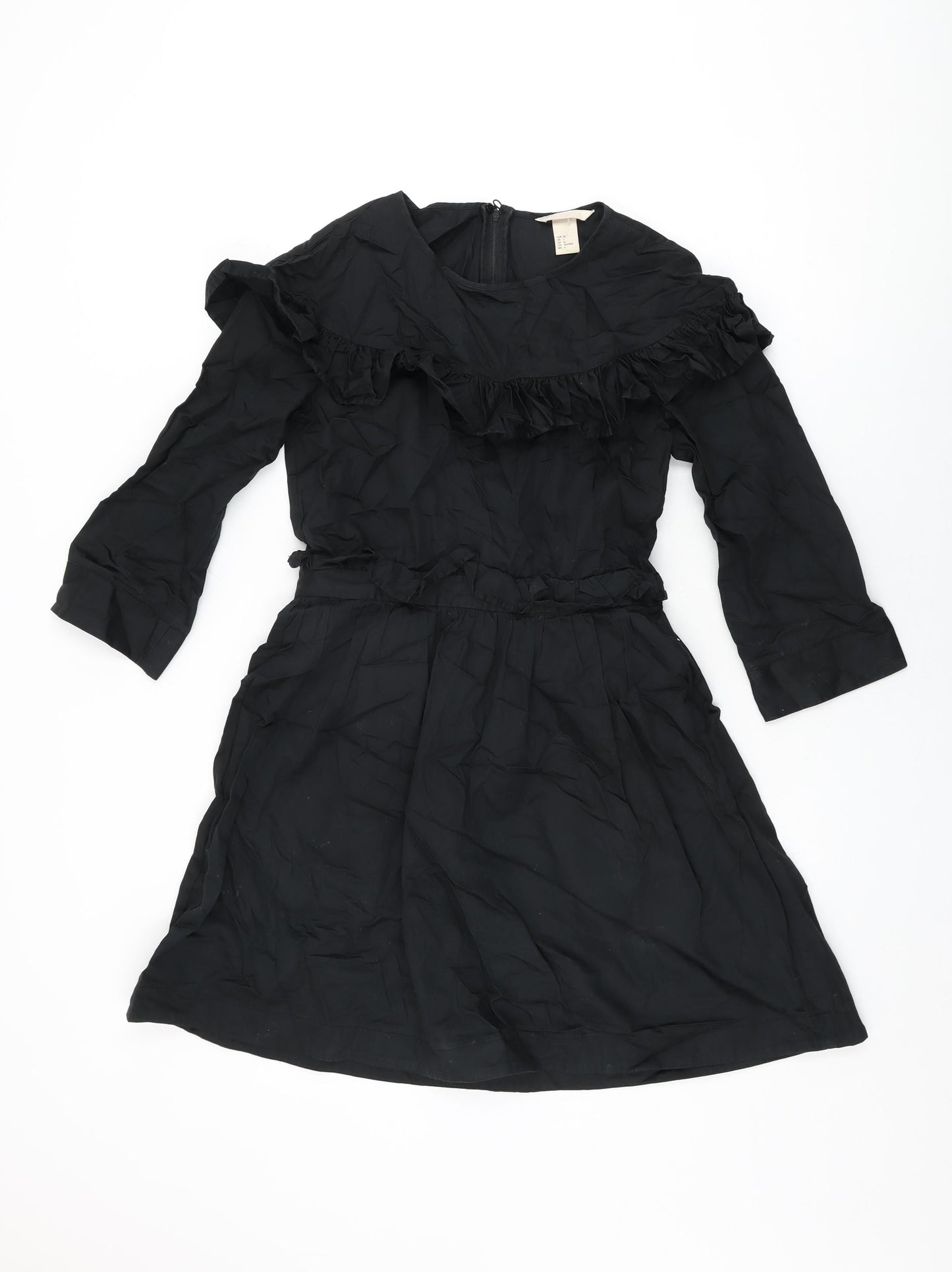 H&M Womens Black Cotton Skater Dress Size 8 Round Neck Zip - Frill Detail