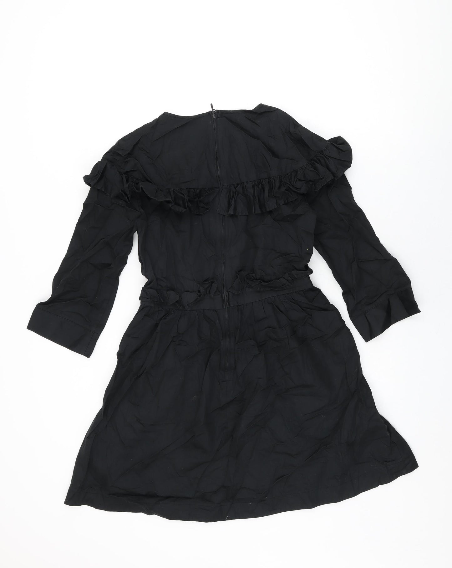 H&M Womens Black Cotton Skater Dress Size 8 Round Neck Zip - Frill Detail