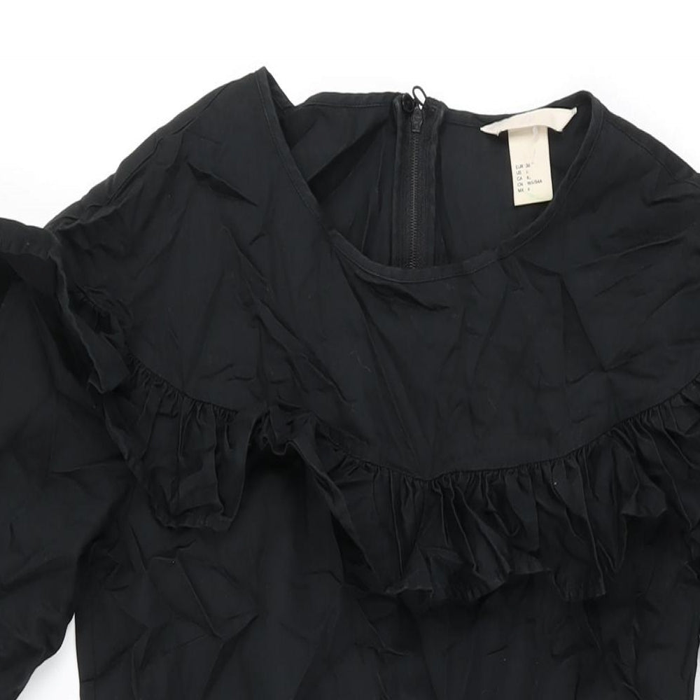 H&M Womens Black Cotton Skater Dress Size 8 Round Neck Zip - Frill Detail