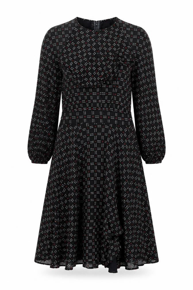 Graham Price Womens Black Geometric Polyester A-Line Size 14 Round Neck Zip - Frill Detail