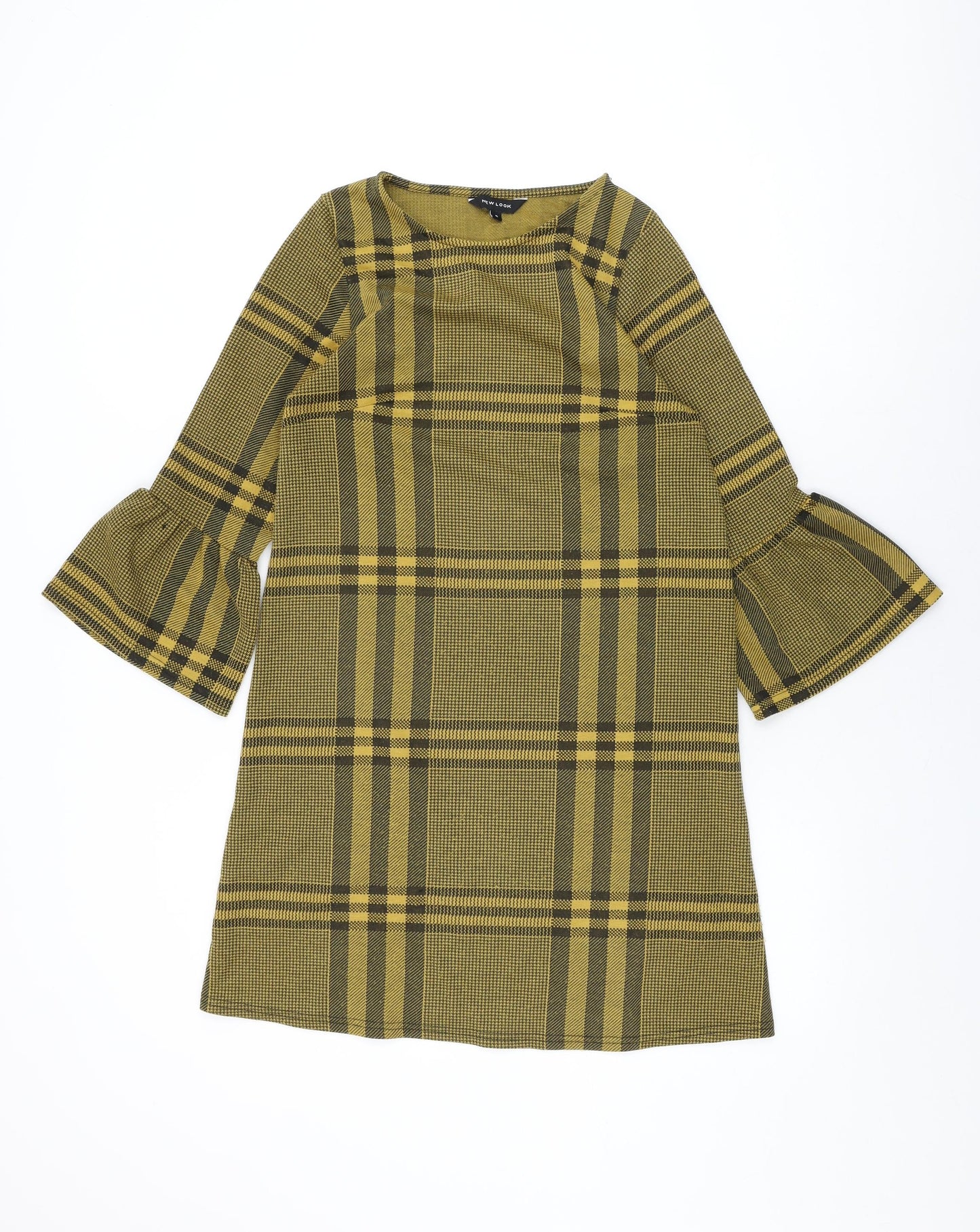 New Look Womens Yellow Plaid Polyester Shift Size 8 Round Neck Pullover