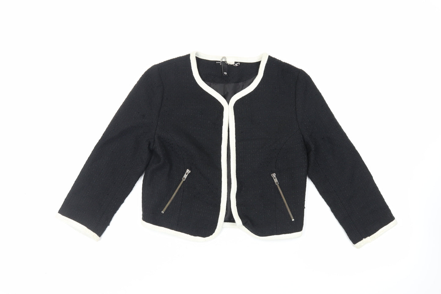 H&M Womens Black Jacket Blazer Size 10 Hook & Eye - Contrasting Trim