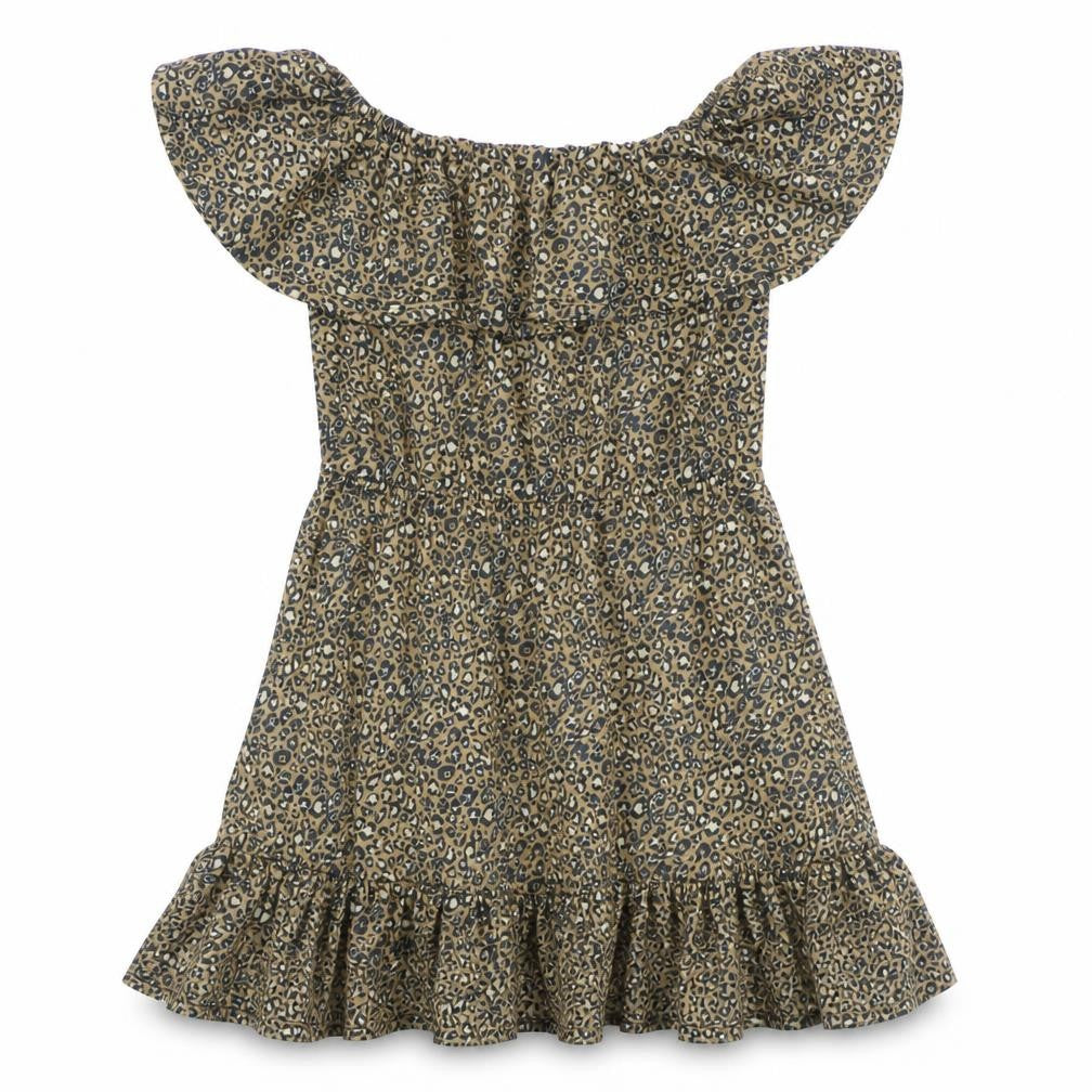 Front view of ASOS women’s brown animal print polyester a-line, size UK 8, off the shoulder