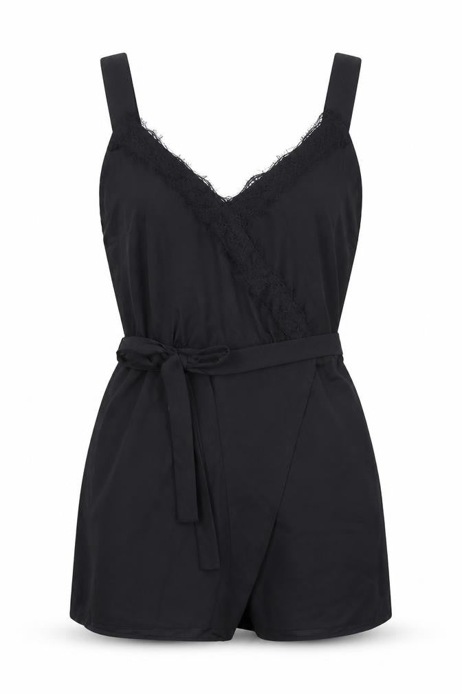 Front view of Miss Selfridge women’s black polyamide playsuit one-piece, size UK 10, zip