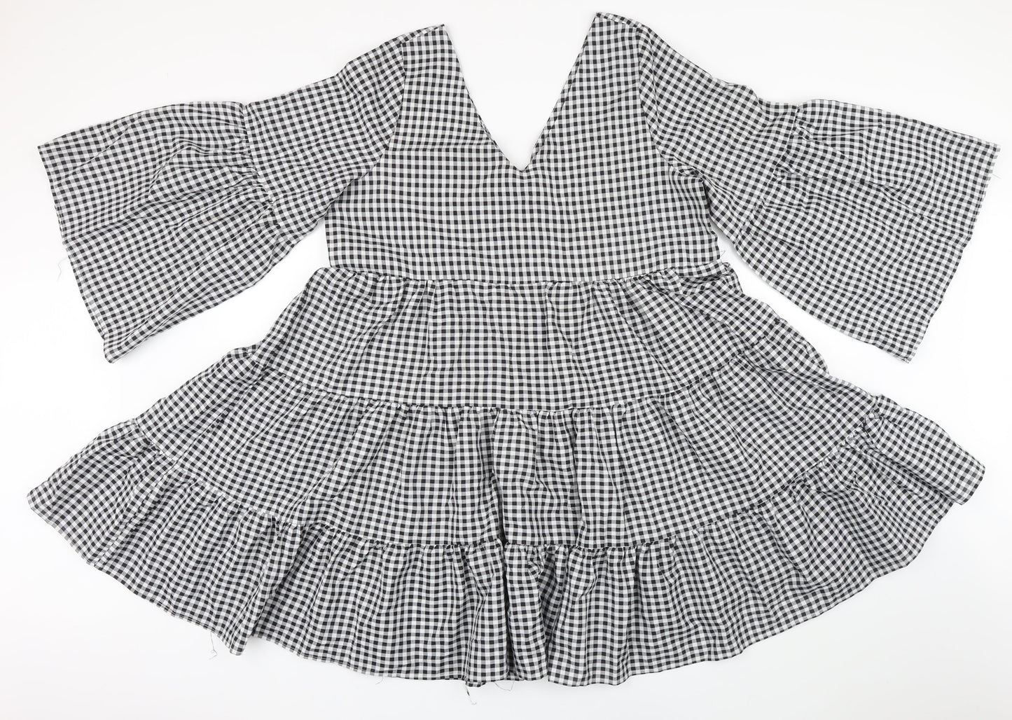 Boohoo Womens Black Gingham Polyester A-Line Size 12 V-Neck