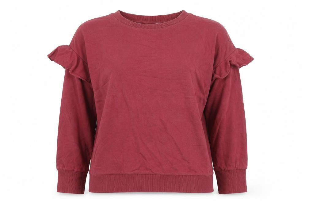 Front view of And/Or women’s red cotton pullover sweatshirt, size UK 12, pullover