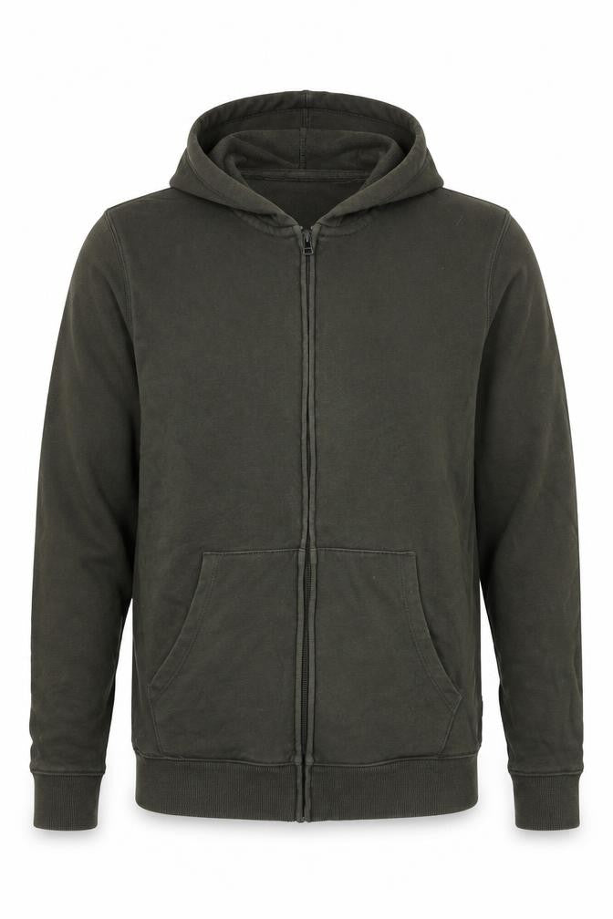 Front view of Easy men’s green cotton full zip hoodie, size S
