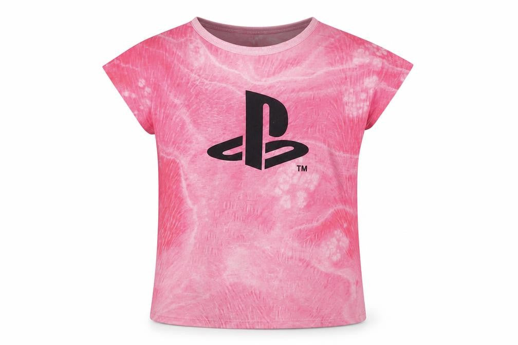 Front view of PlayStation girls’ pink polyester basic t-shirt, size 9-10, years crew neck pullover