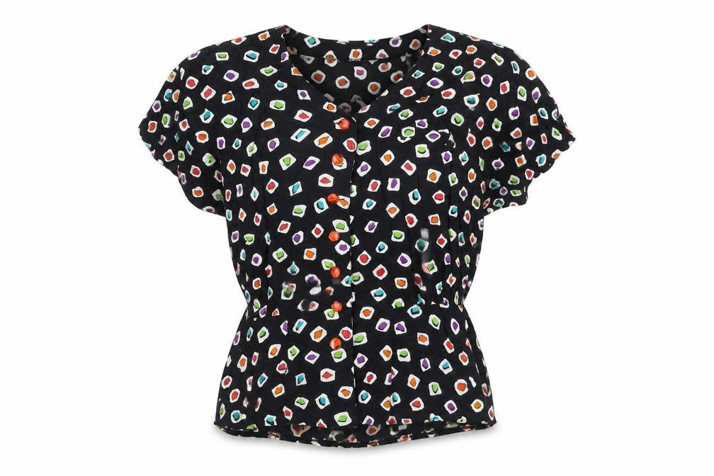 Front view of Tru Blouse women’s black geometric viscose basic button-up, size UK 14, v-neck