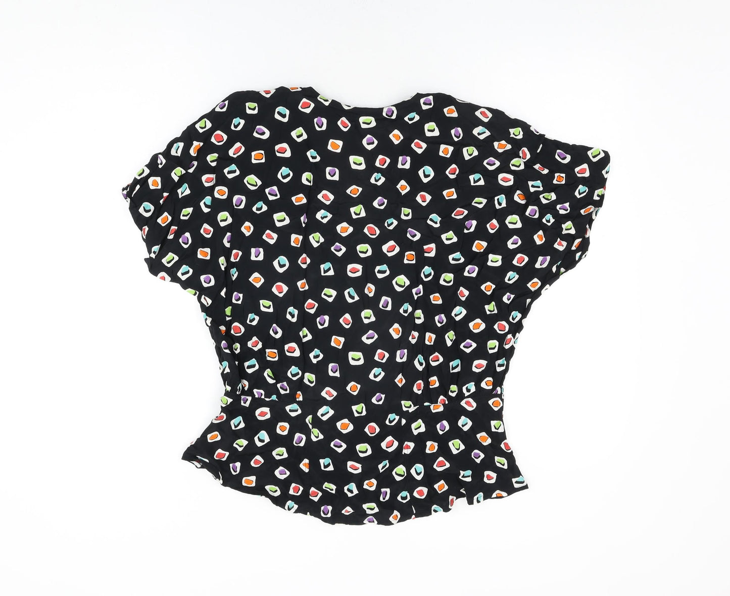 Tru Blouse Womens Black Geometric Viscose Basic Button-Up Size 14 V-Neck