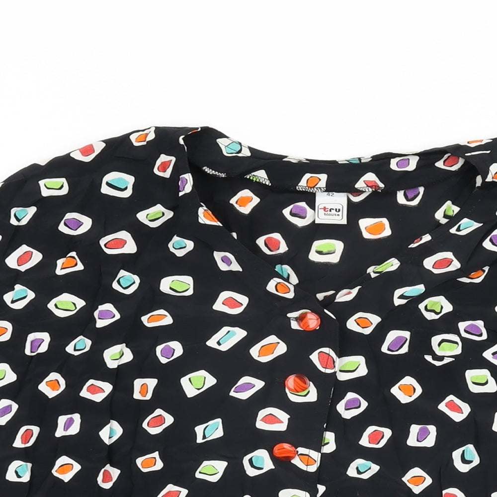Tru Blouse Womens Black Geometric Viscose Basic Button-Up Size 14 V-Neck