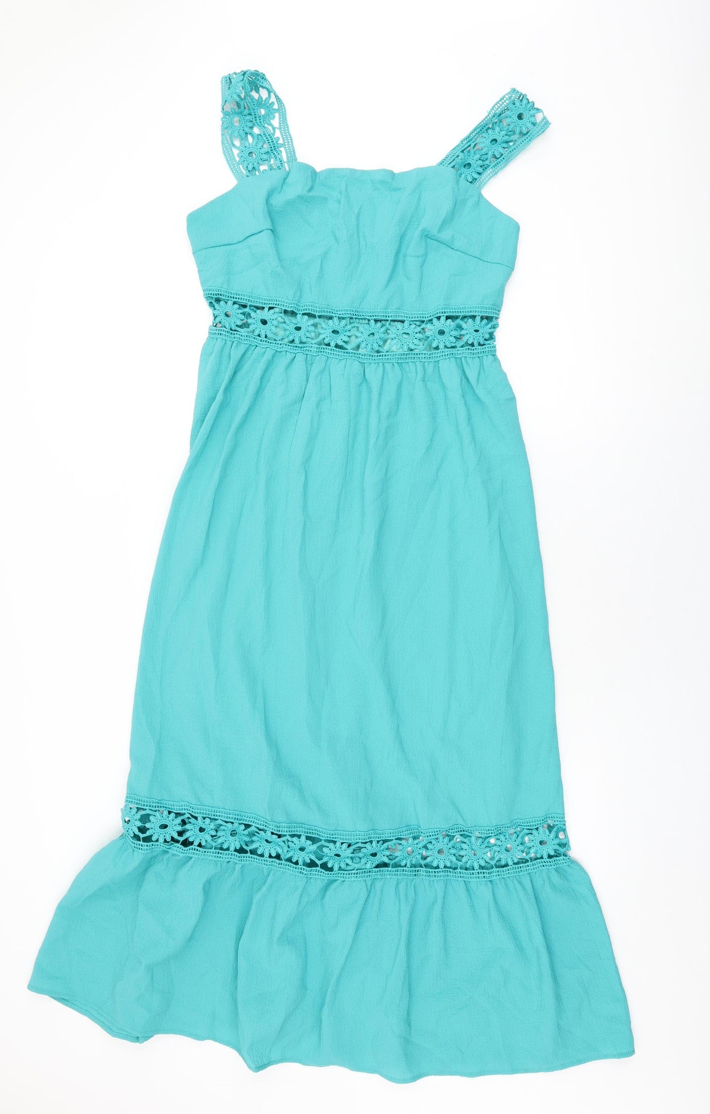 Omonsim Womens Blue Polyester A-Line Size L Square Neck Zip - Floral Crochet Cut Out Detail