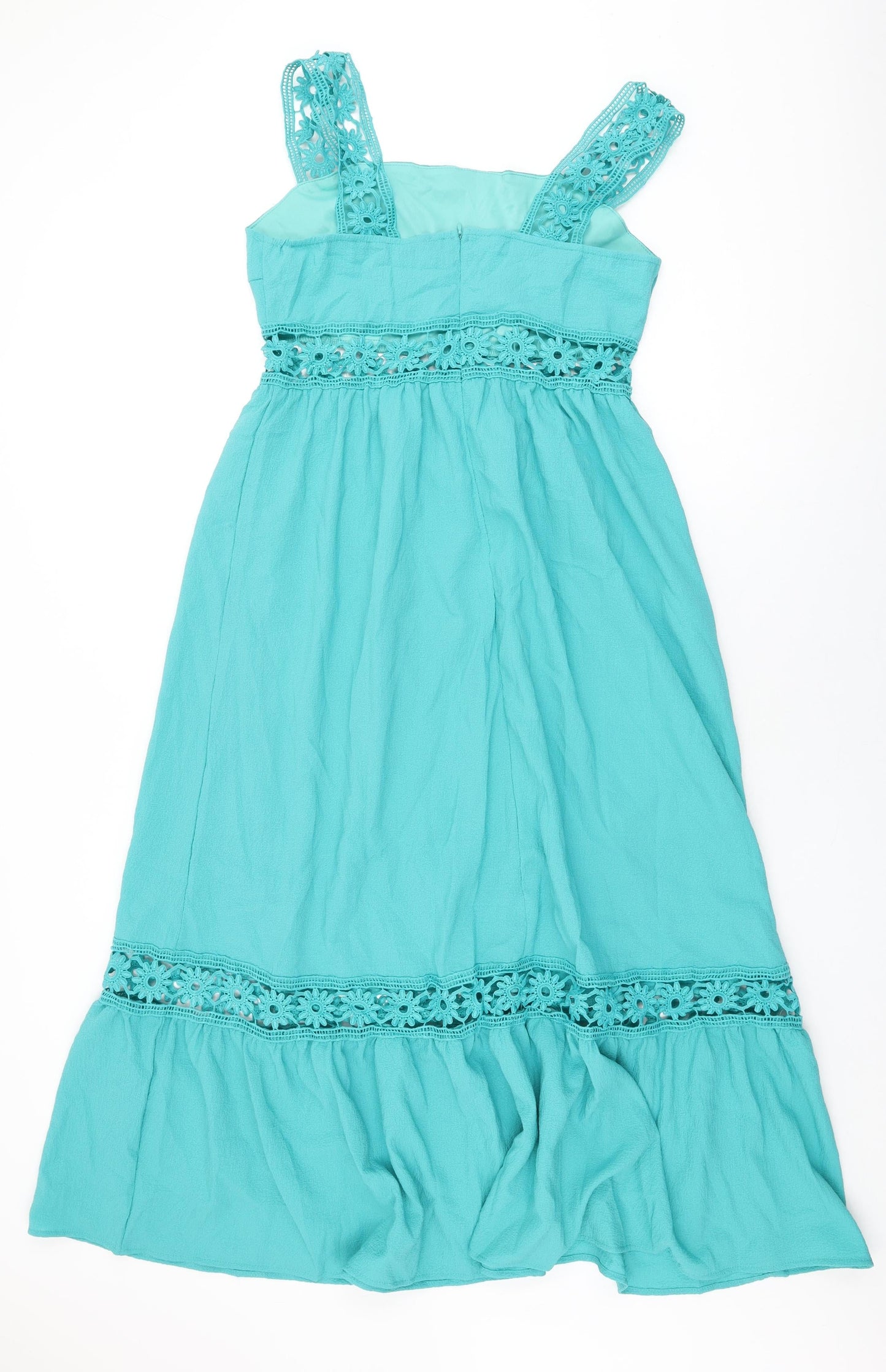 Omonsim Womens Blue Polyester A-Line Size L Square Neck Zip - Floral Crochet Cut Out Detail