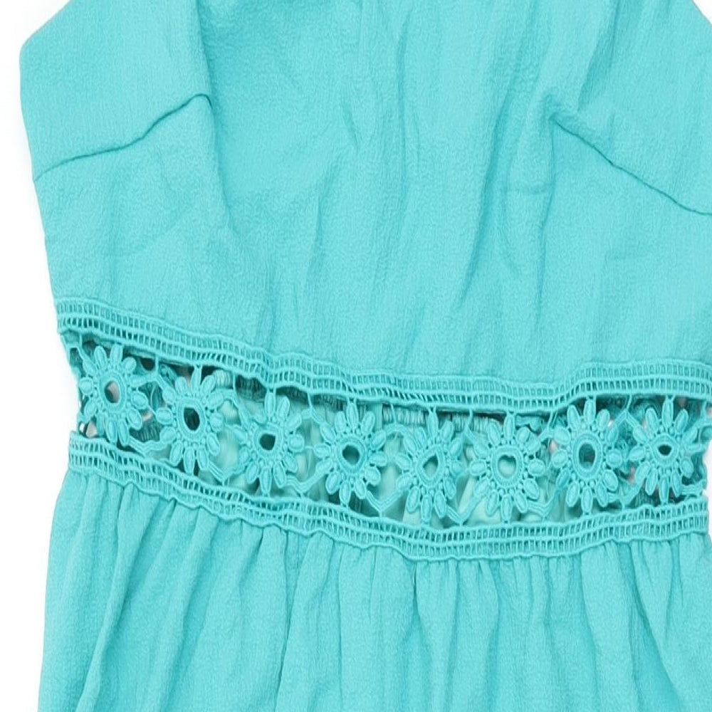 Omonsim Womens Blue Polyester A-Line Size L Square Neck Zip - Floral Crochet Cut Out Detail