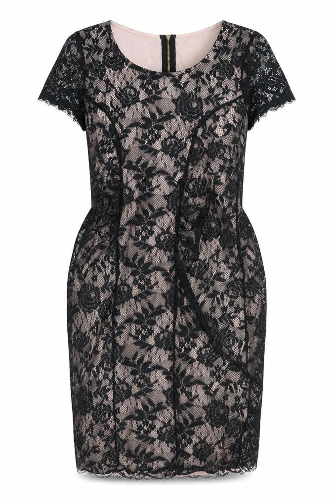 Dorothy Perkins Womens Black Polyester Pencil Dress Size 14 Scoop Neck Zip - Lace Overlay