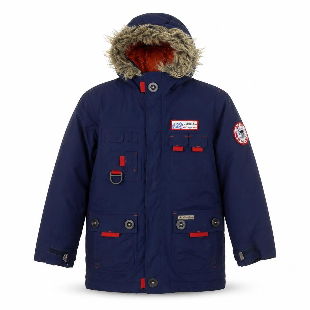 Front view of Decathlon boys’ blue jacket, size 6, years zip
