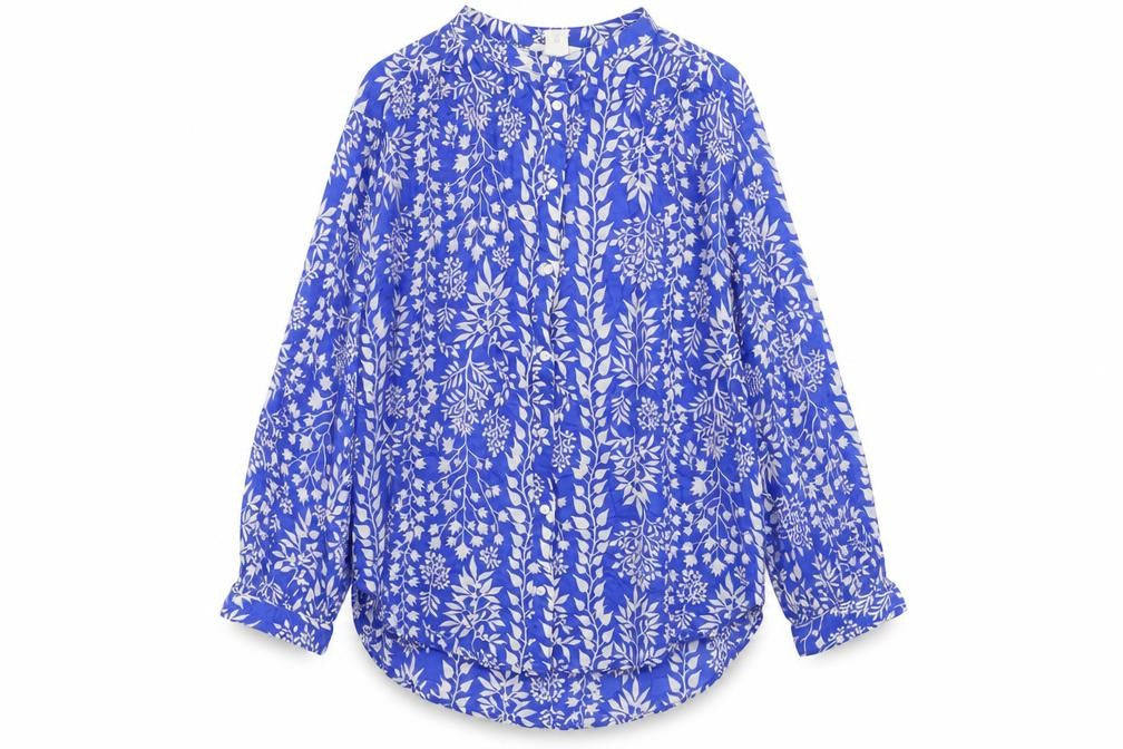 H&M Womens Blue Geometric Cotton Basic Button-Up Size S Round Neck