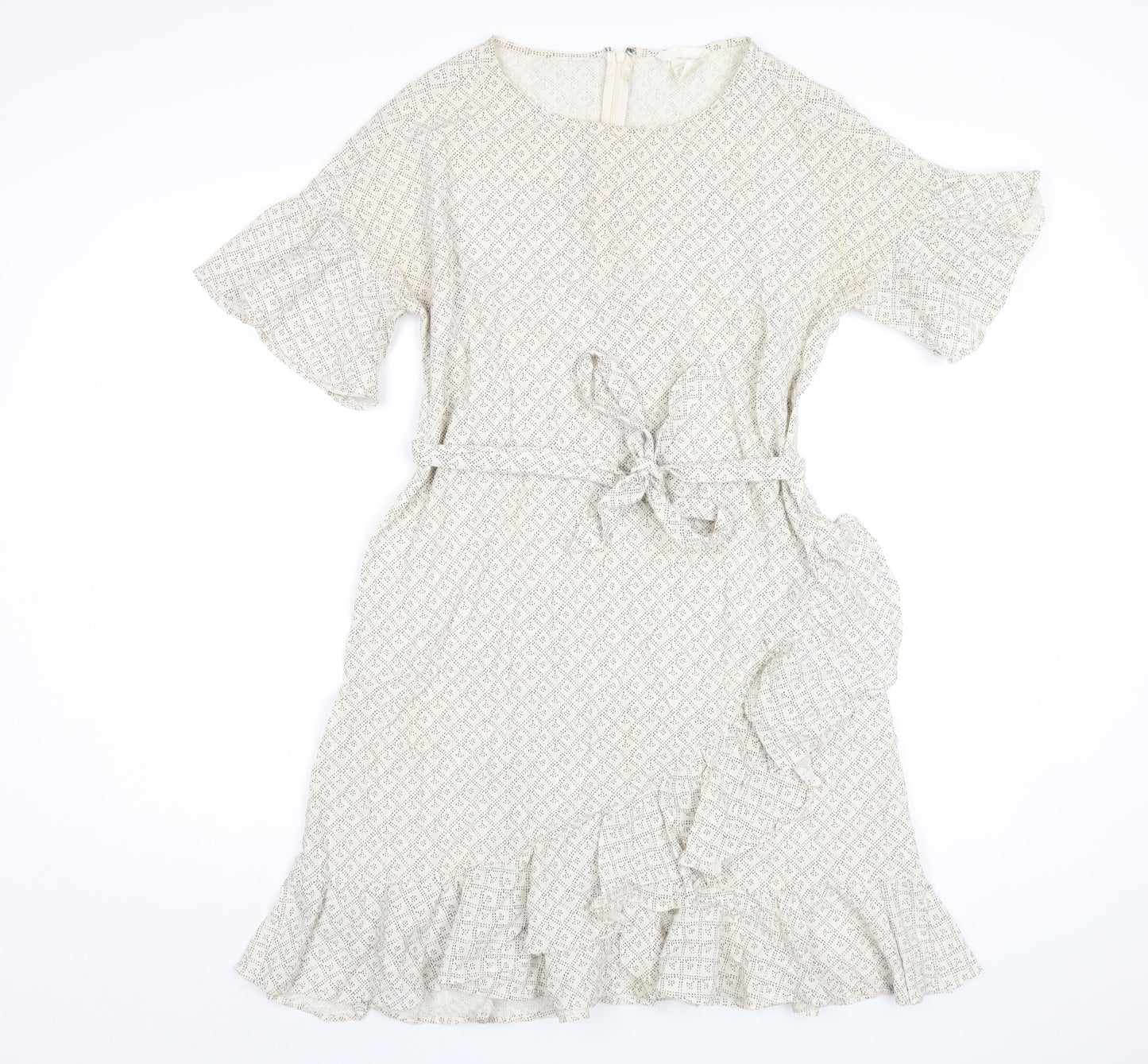 H&M Womens Ivory Geometric Cotton A-Line Size 12 Round Neck Zip