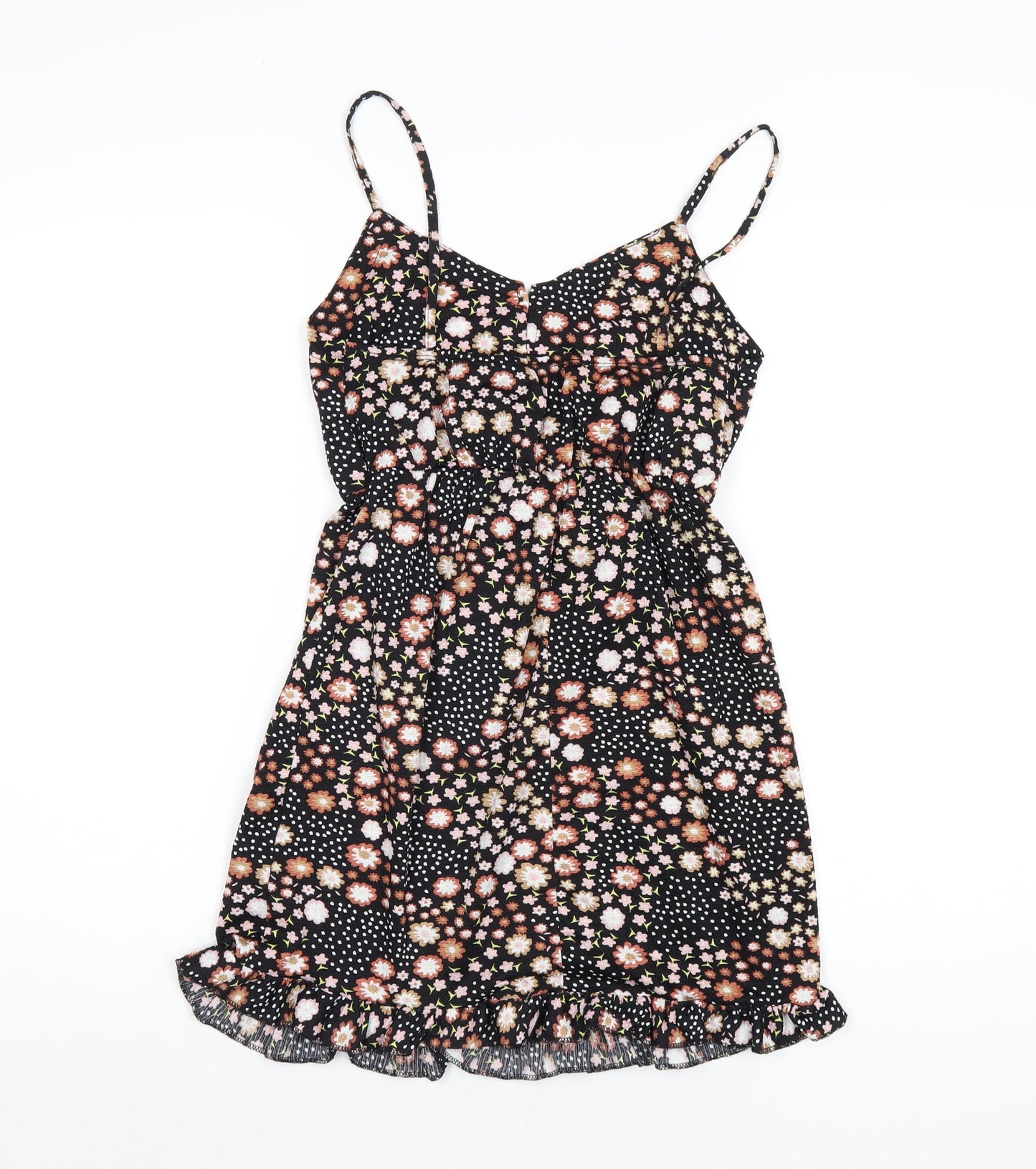 Topshop Womens Black Floral Polyester A-Line Size 8 V-Neck Button