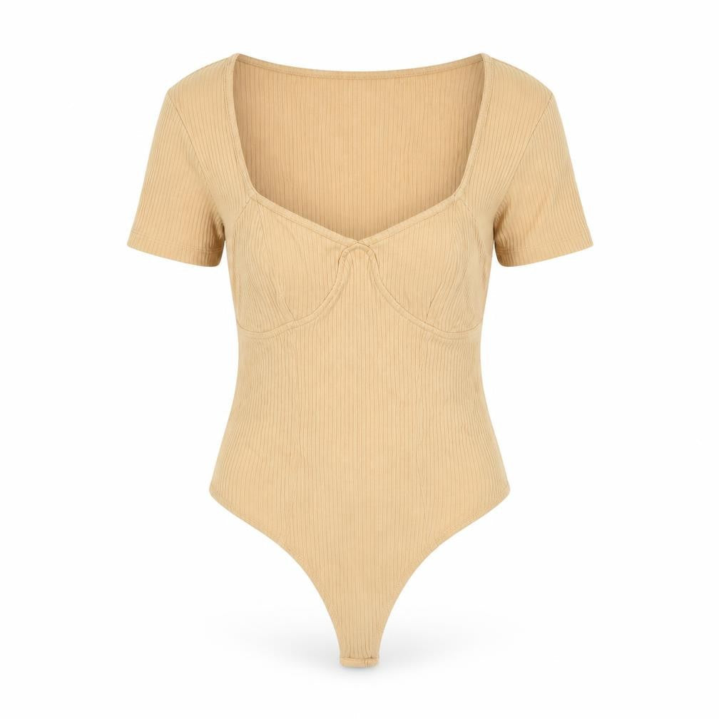 Front view of ASOS women’s beige cotton bodysuit one-piece, size UK 8, snap