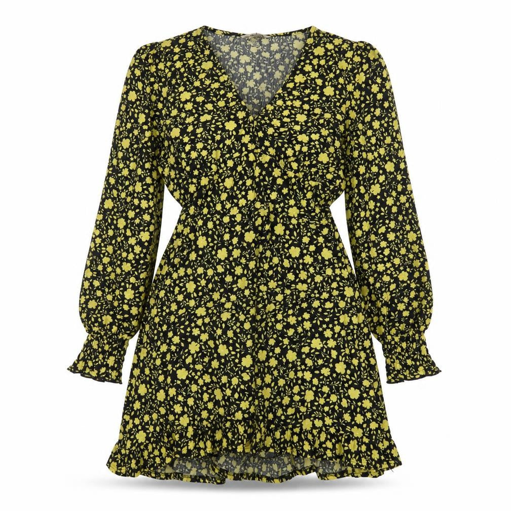 Front view of Miss Selfridge women’s black floral polyester a-line, size UK 10, v-neck pullover