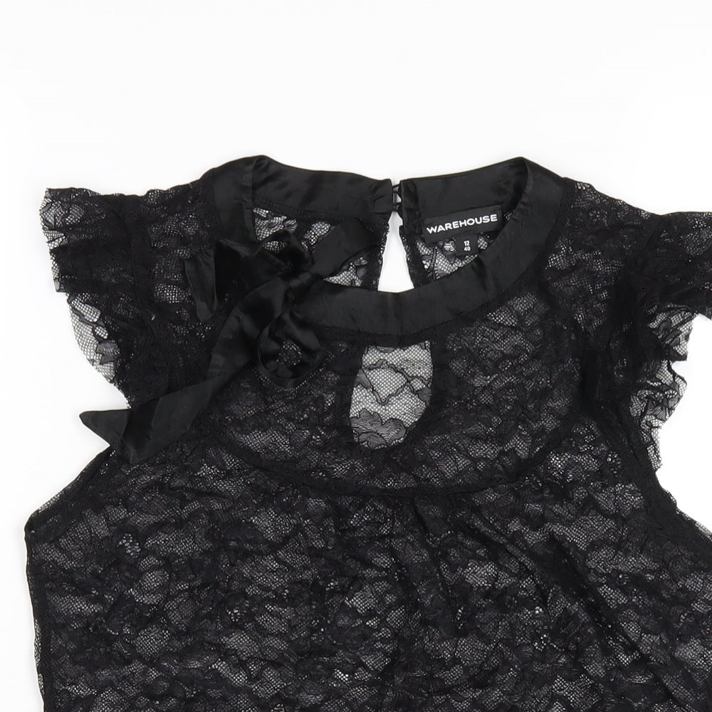 Warehouse Womens Black Polyester Basic T-Shirt Size 12 Round Neck