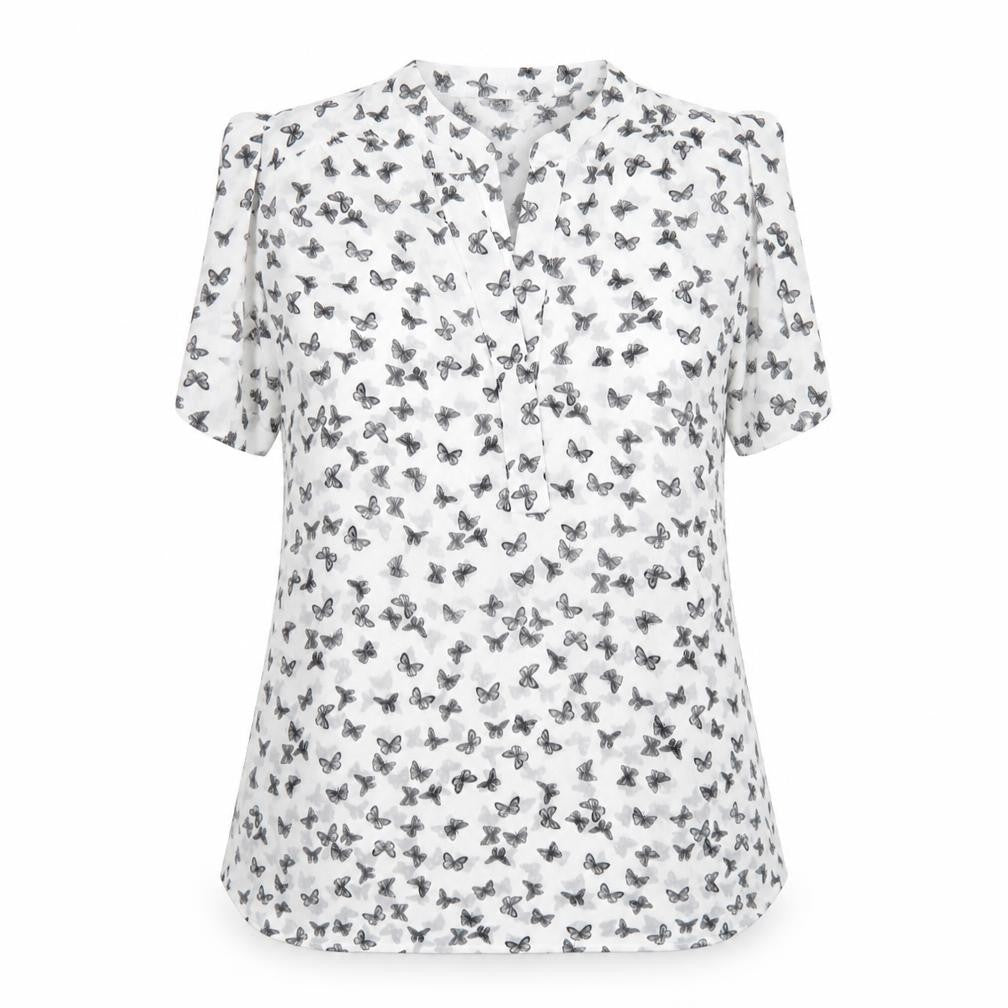 Front view of Red Herring women’s white geometric polyester basic t-shirt, size UK 12, v-neck