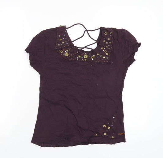 Duck and Cover Womens Purple Geometric Cotton Basic T-Shirt Size L Scoop Neck