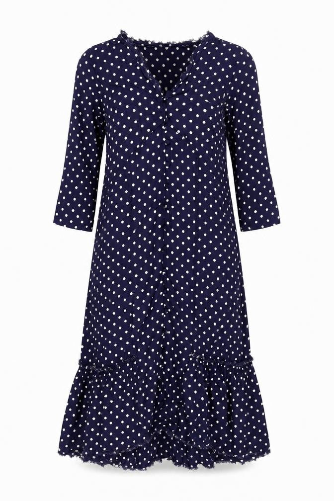 Front view of ASOS women’s blue polka dot viscose a-line, size UK 8, v-neck button