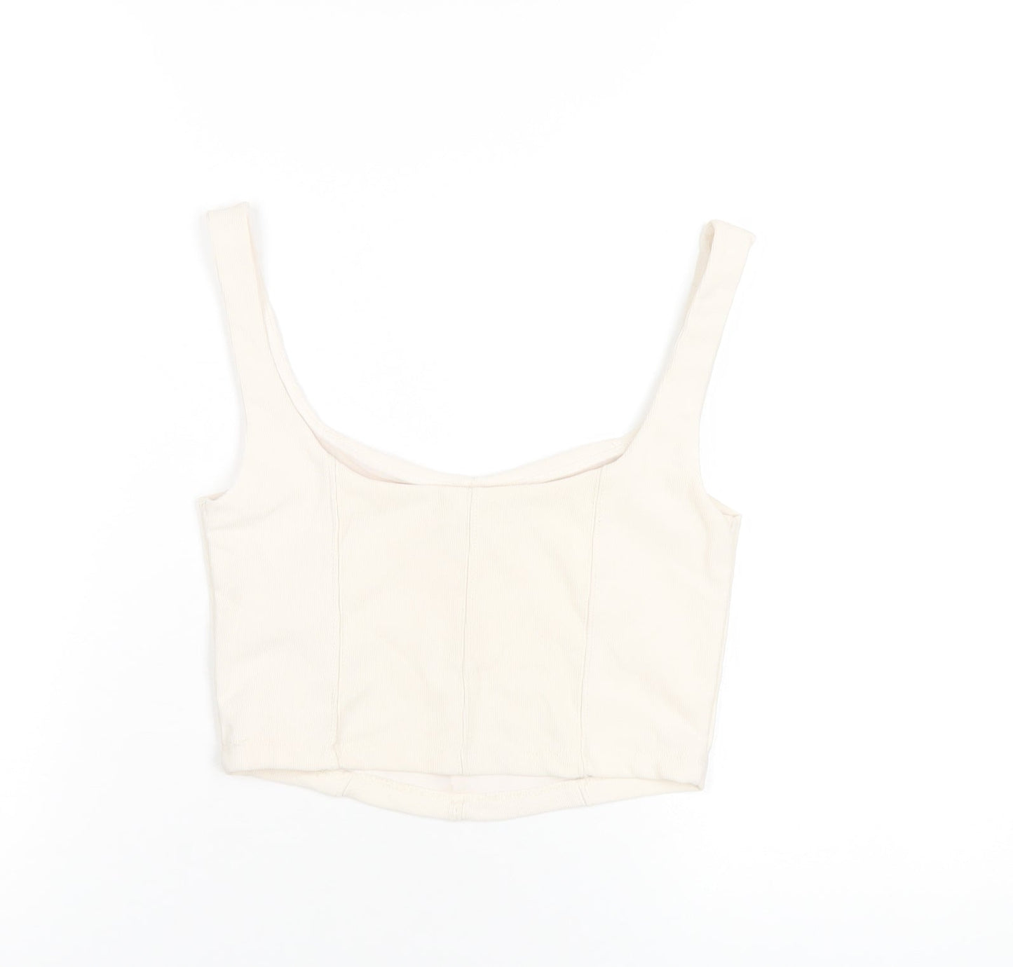 Stradivarius Womens Ivory Polyester Cropped T-Shirt Size S Scoop Neck