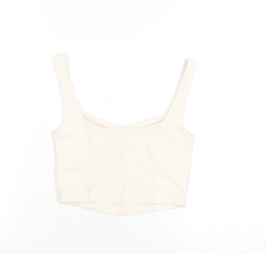 Stradivarius Womens Ivory Polyester Cropped T-Shirt Size S Scoop Neck
