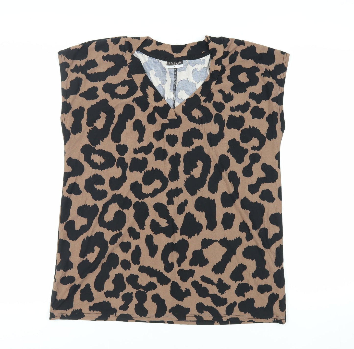 Beloved Womens Brown Animal Print Polyester Basic T-Shirt Size L V-Neck