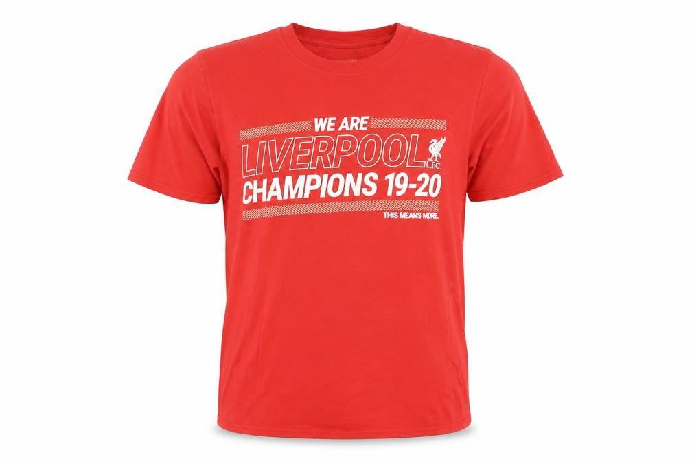 Front view of Liverpool FC men’s red cotton t-shirt, size M, crew neck - champions