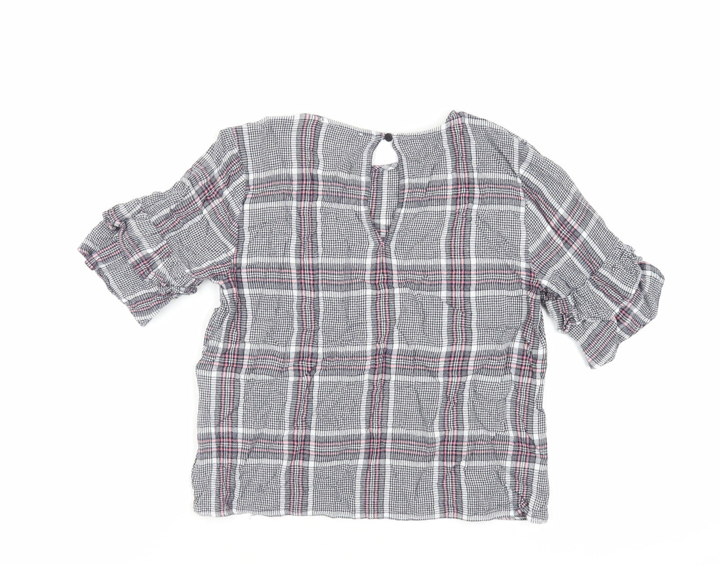 Warehouse Womens Blue Plaid Viscose Basic Blouse Size 6 Round Neck