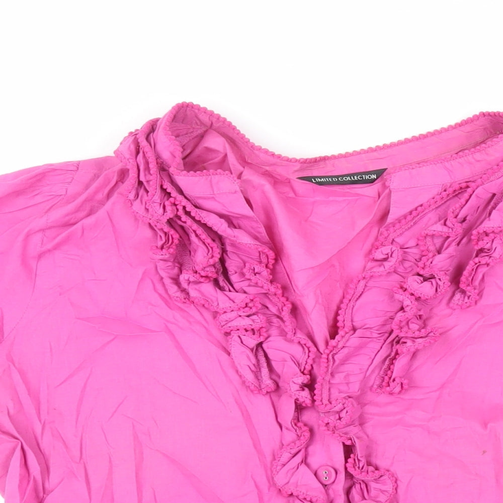 Marks and Spencer Womens Pink Cotton Basic Button-Up Size 16 V-Neck - Ruffle