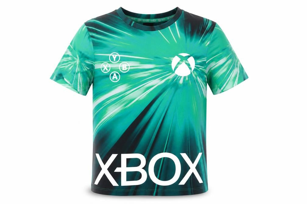 Front view of Xbox boys’ green geometric polyester pullover t-shirt, size 11-12, years crew neck pullover - logo
