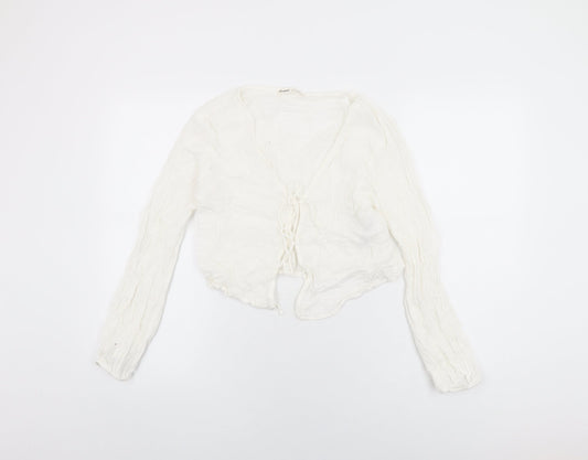 Pull&Bear Womens White Linen Basic T-Shirt Size L V-Neck