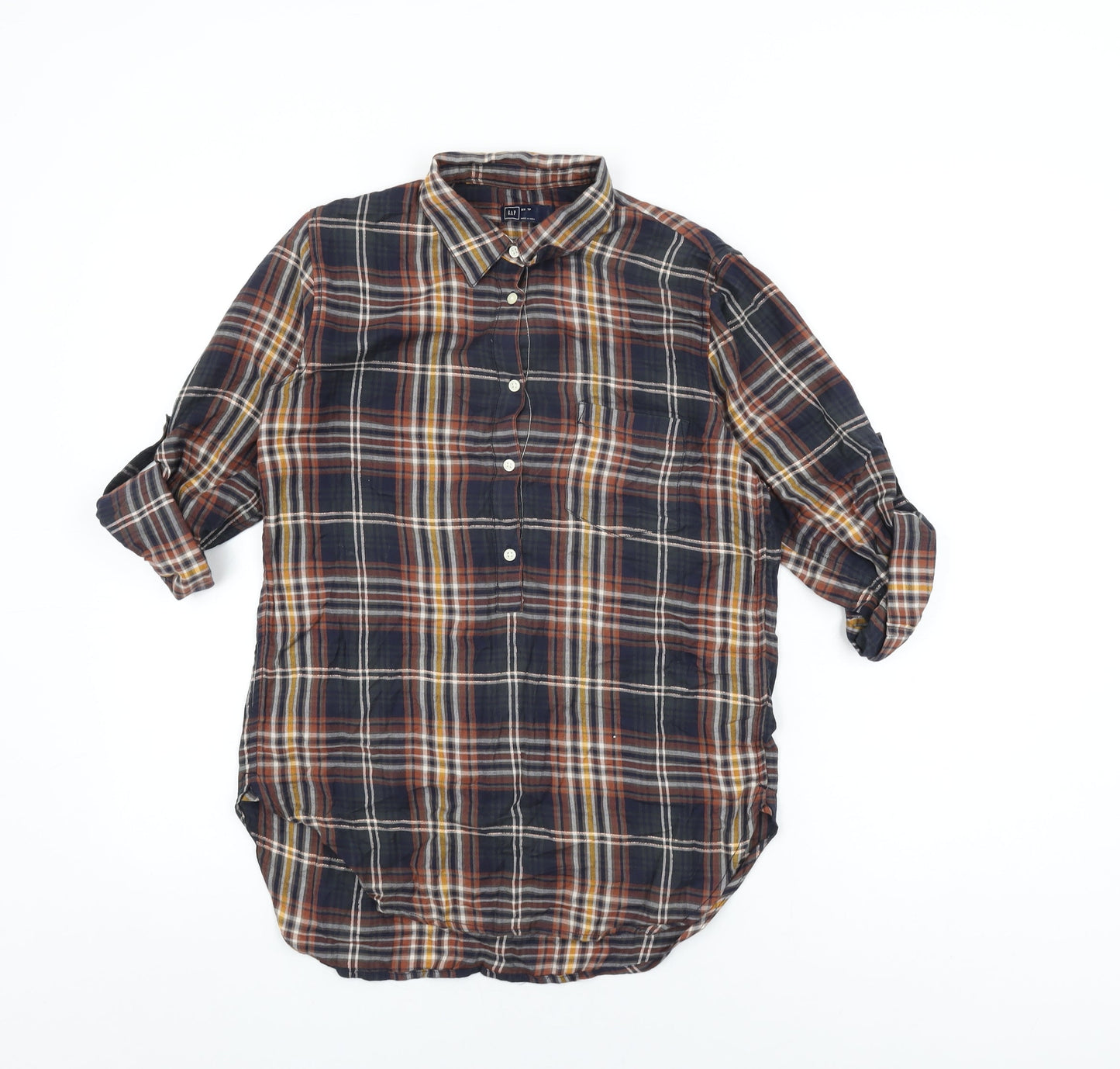 Gap Womens Blue Plaid Cotton Basic T-Shirt Size XS Collared