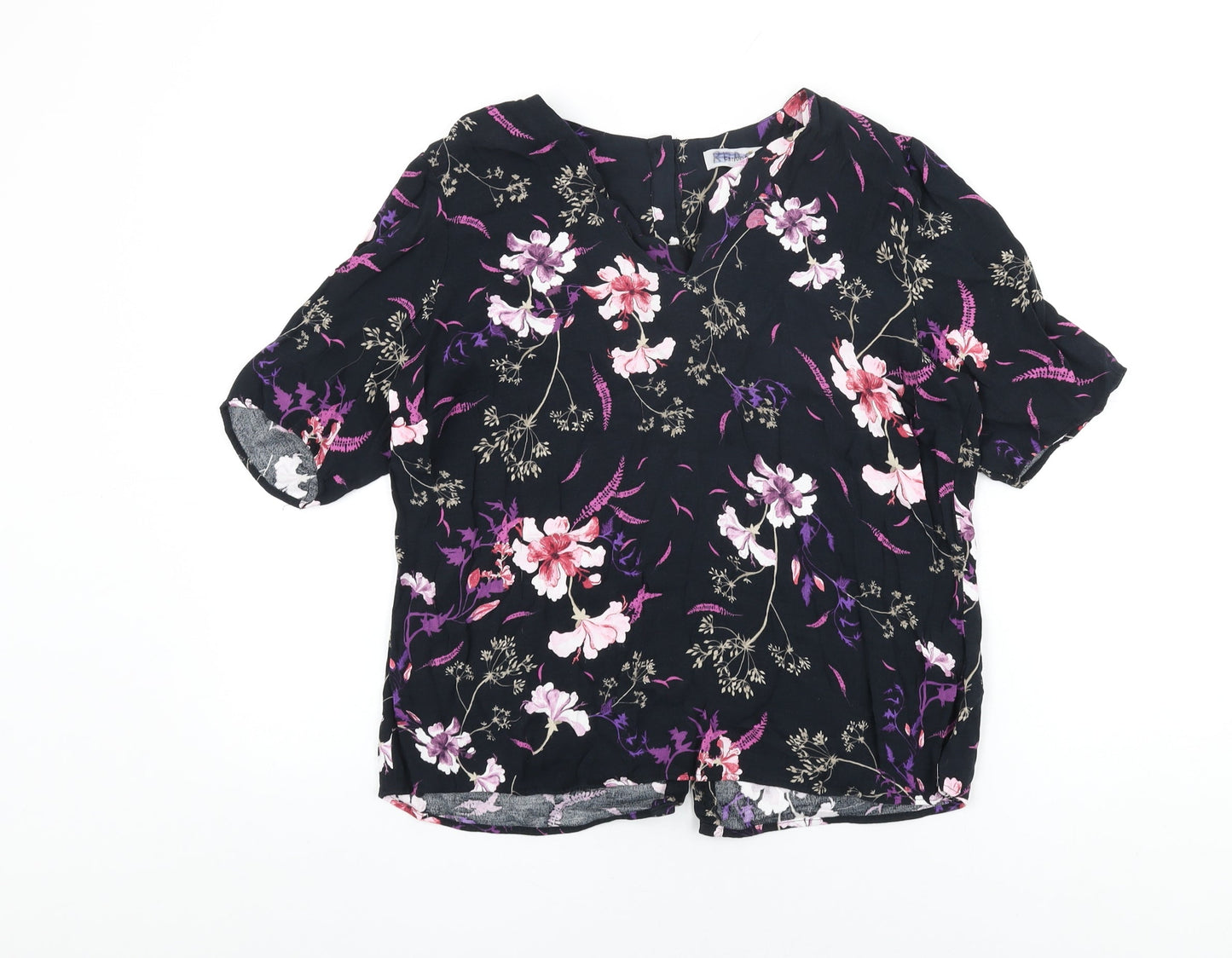 Per Una Womens Black Floral Viscose Basic T-Shirt Size 14 V-Neck