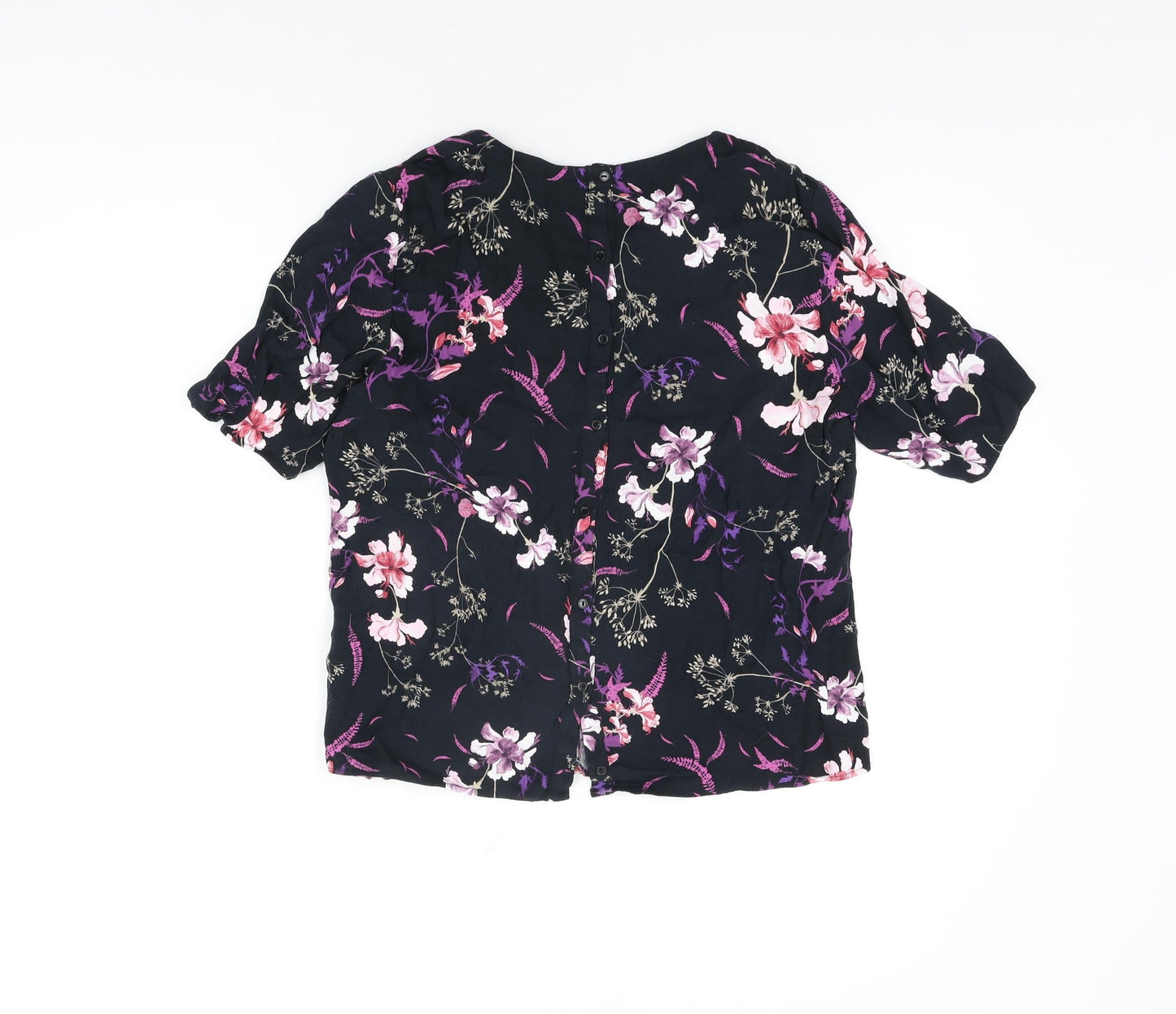 Per Una Womens Black Floral Viscose Basic T-Shirt Size 14 V-Neck
