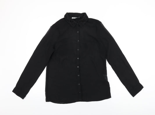 Stradivarius Womens Black Polyester Basic Button-Up Size M Collared - Beaded Collar