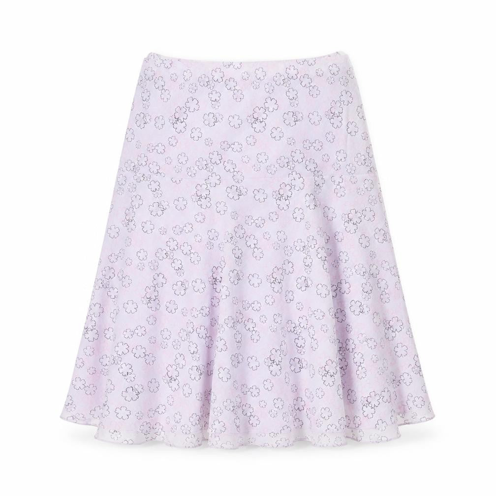 Front view of AMARANTO women’s purple floral polyester swing skirt, size UK 12