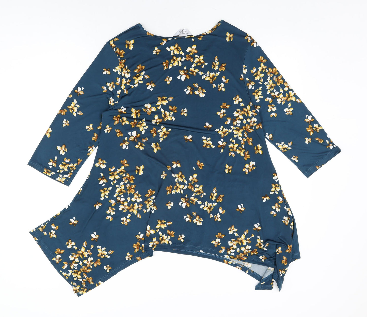 Classic Womens Blue Floral Polyester Basic T-Shirt Size 14 Round Neck