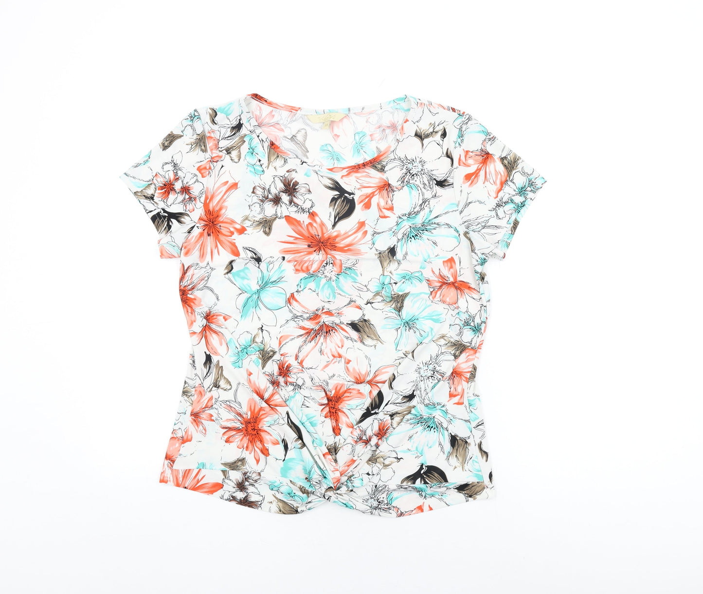 Vida Vi Womens White Floral Polyester Basic T-Shirt Size 14 Round Neck