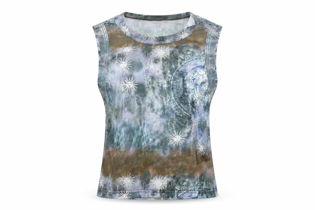 Front view of Urban renewal women’s blue geometric polyester basic t-shirt, size S, round neck