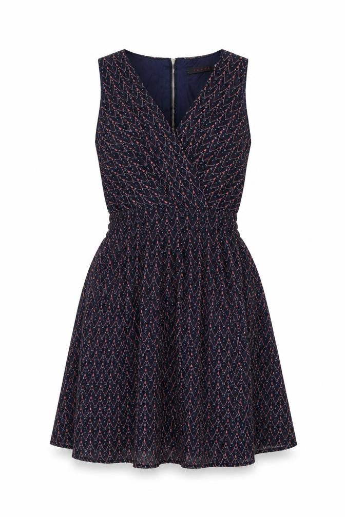 Tenki Womens Blue Geometric Polyester Skater Dress Size 8 V-Neck Zip