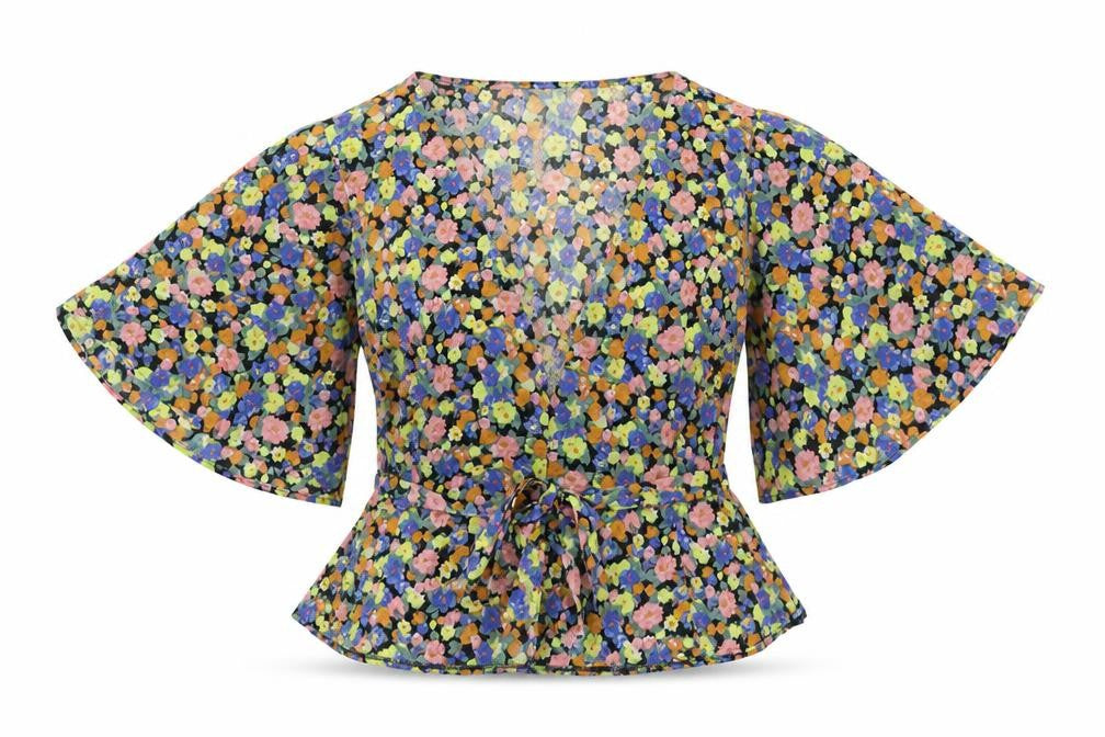 Front view of ASOS women’s multicoloured floral polyester basic blouse, size UK 12, v-neck